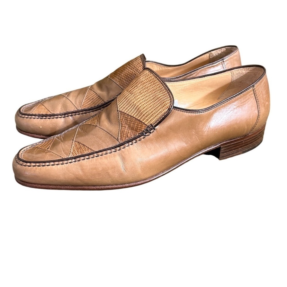 Bruno Magli Mens 11M Tan Leather Lizard Patchwork Loafers Hand Made in Italy